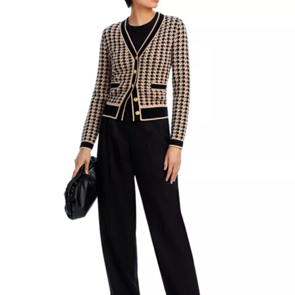 C by Bloomingdale's Cashmere Houndstooth Contrast Trim Cashmere Cardigan-Black/H - Picture 2 of 6